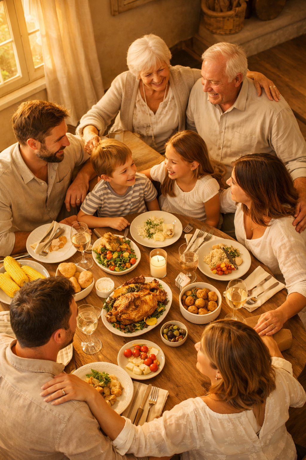 Multi-generational family gathered around a dinner table, sharing a warm meal together