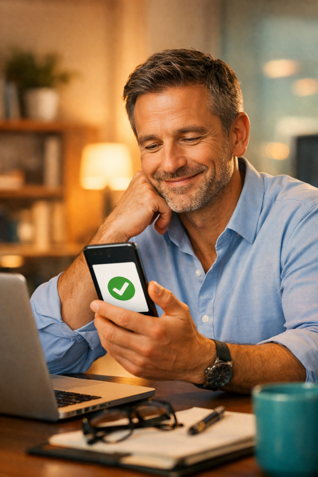 Adult son checking SilverShield protection notification on his phone